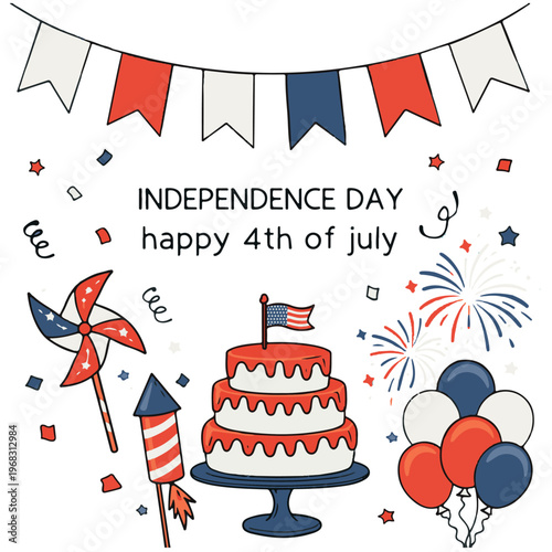 Independence Day 4th of July celebration vector, patriotic party elements with cake and balloons, American holiday greeting card with fireworks and bunting flags