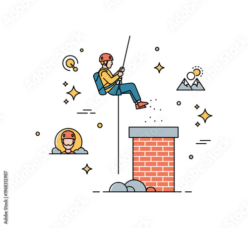 Chimney descent recreational activity scene where an adventurer abseils down a chimney while small sparkle and line icons emphasize thrill, focus, and outdoor