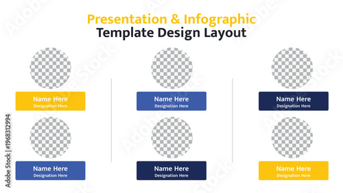 Team member profile presentation layout with placeholders for photos, names, and designations