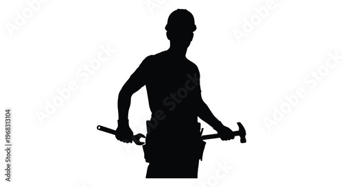A construction worker holding tools against a white background silhouette