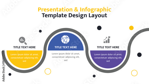 Three step infographic presentation layout with icons, titles, and descriptive text boxes for information