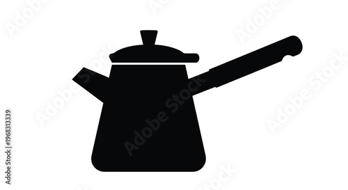 A simple black silhouette depicts a classic saucepan with a lid and long handle high quality