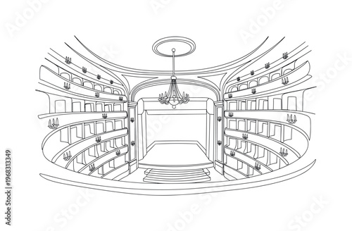 Theater Balcony View. Minimalistic one-line drawing interior of historical theater with stage and audience balconies, continuous single black line on white