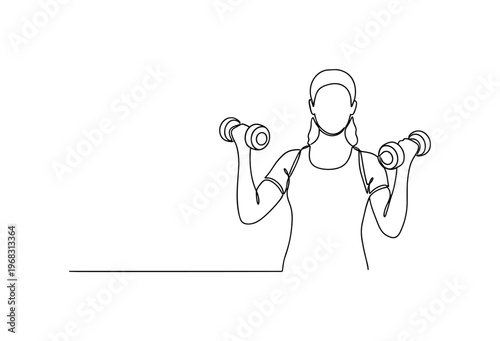Gentle Strength Training. Minimalistic one-line drawing individual using light weights in low-impact exercise, continuous single black line on white