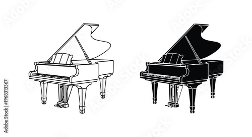 Two grand pianos depicted in contrasting black and white silhouette