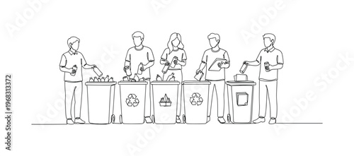 Sustainable Action. Minimalistic one-line drawing people placing household items into designated recycling bins, continuous single black line on