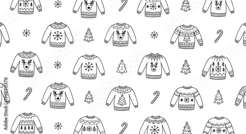 Christmas Sweater Vector Pattern with Festive Designs Including Trees, Snowflakes, and Candy Canes