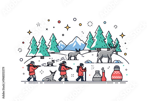 Siberia winter hunting scene where hunters track wildlife in snowy forests while small sparkle and line icons emphasize tradition, survival, and Arctic