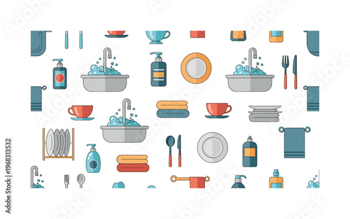 dish icons seamless pattern, repeating pattern, surface design, textile print, modern illustration of plates, cups, utensils, sinks, bubbles, soap bottles and