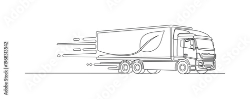 Eco Logistics Operation. Minimalistic one-line drawing truck transporting goods with leaf icon and motion lines, continuous single black line on