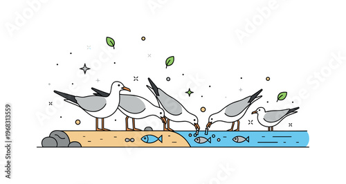 Seagulls early morning feeding scene where a flock pecks at small fish along the shoreline while tiny sparkle and leaf icons highlight natural behavior,
