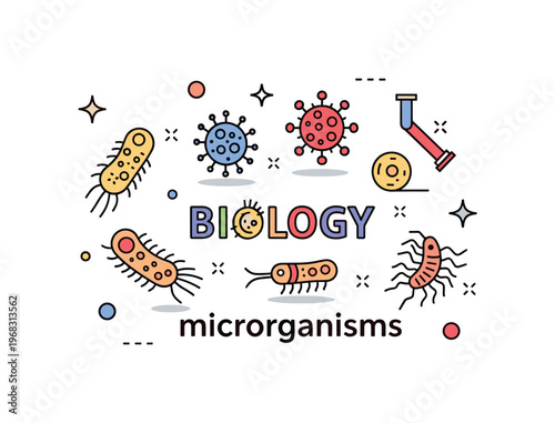 Biology microorganisms concept where bacteria, viruses, and protozoa are illustrated while tiny sparkle and star icons highlight microbiology, science, and