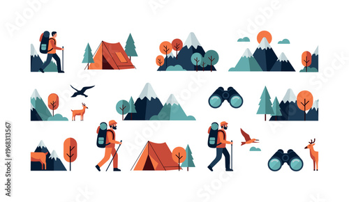 responsible tourism icons seamless pattern, repeating pattern, surface design, textile print, modern illustration of hikers, eco-friendly tents, mountains,