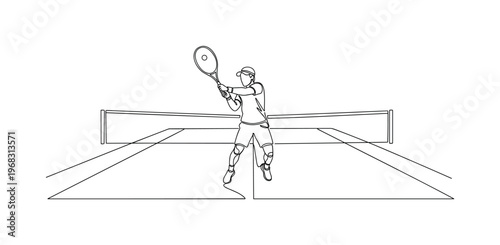 Racquet Training. Minimalistic one-line drawing player practicing swings on court, continuous single black line on white background, simple outline style, no