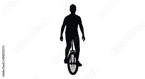 A man riding a unicycle against a white background silhouette