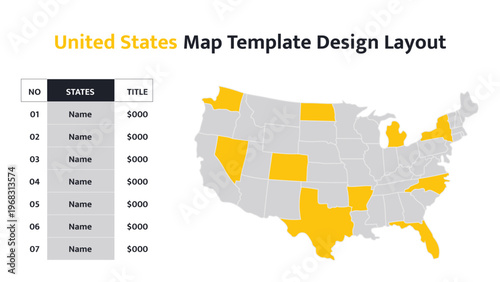 United States map showing highlighted states and a data table for presentation