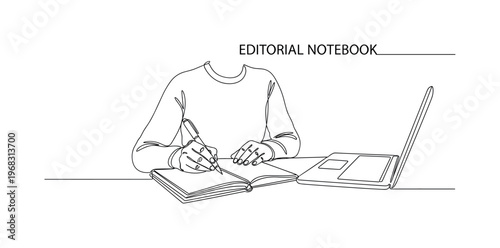Editorial Notebook. Minimalistic one-line drawing writer holding pen over notebook with laptop nearby, continuous single black line on white background, simple