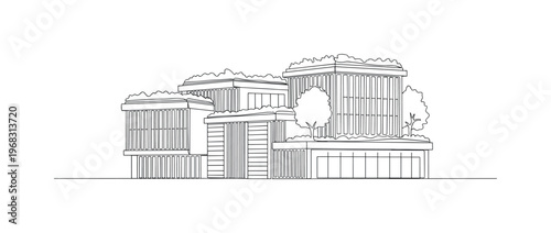 Green Construction. Minimalistic one-line drawing modern building with plant-based and biodegradable construction elements, continuous single black line on