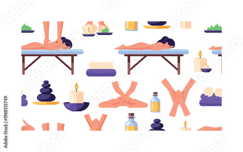 massage patterns seamless pattern, repeating pattern, surface design, textile print, modern illustration of hands performing massage, massage tables, candles,