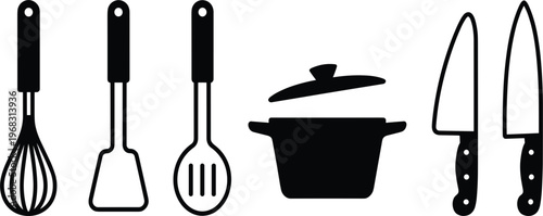 Kitchen utensil icon set featuring whisk spatula spoon pot and knives in simple black silhouette style for cooking design