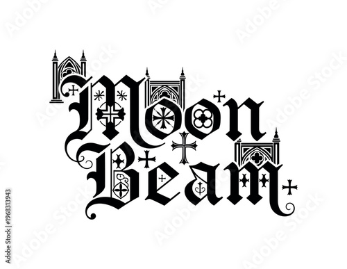 Moon Beam. lettering and all elements in black. Vector style. AWhite background. Pure white background. Perfect isolation and visual consistency.