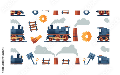 rail motifs seamless pattern, repeating pattern, surface design, textile print, modern illustration of steam engines, tracks, wheels, pistons, gears,