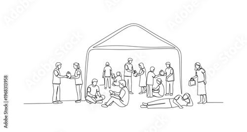 Community Relief Hub. Minimalistic one-line drawing people receiving aid and resting inside center, continuous single black line on white background, simple