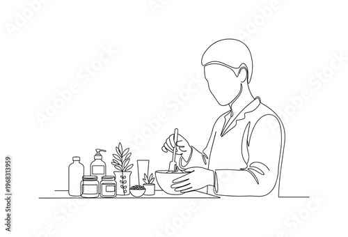 DIY Beauty Lab. Minimalistic one-line drawing person creating skincare product with spatula and ingredients, continuous single black line on white background,