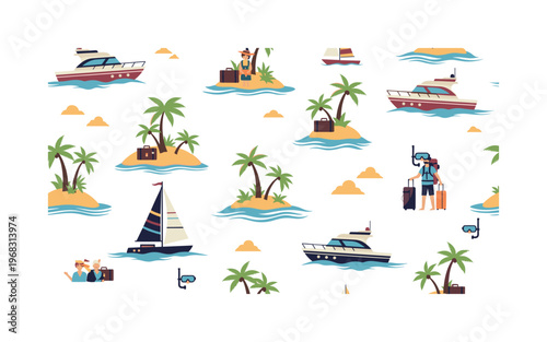 island hopping motifs seamless pattern, repeating pattern, surface design, textile print, modern illustration of motorboats, sailboats, tropical islands,