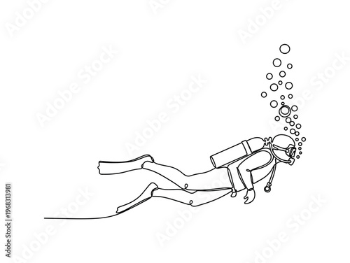 Scuba Diving Adventure. Minimalistic one-line drawing diver swimming with bubbles rising, continuous single black line on white background, simple outline