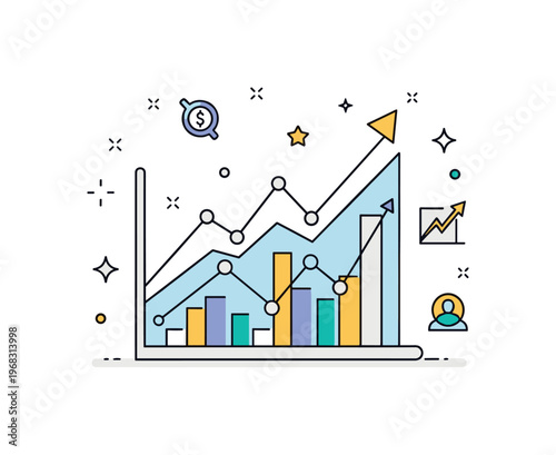 Volatile markets currency fluctuations concept where graphs show sharp rises and falls while tiny sparkle and star icons highlight unpredictability, economic