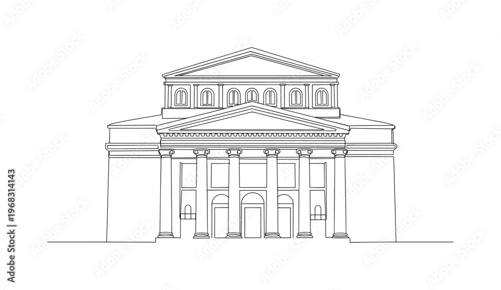 Fototapeta premium Classical Theater Facade. Minimalistic one-line drawing front of historic theater building with decorative columns, continuous single black line on white