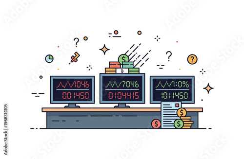 Volatile markets trading app concept where a smartphone shows fluctuating stock prices while tiny sparkle and star icons highlight accessibility,