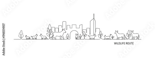 Wildlife Route. Minimalistic one-line drawing line of greenery and small animals providing safe passage through city, continuous single black line on white