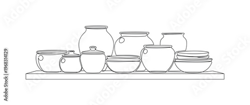 Shelf with Ceramics. Minimalistic one-line drawing multiple pots and bowls displayed on wooden shelf, continuous single black line on white background, simple