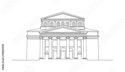 Classical Theater Facade. Minimalistic one-line drawing front of historic theater building with decorative columns, continuous single black line on white