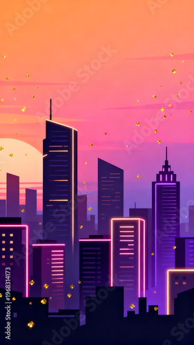 Colorful neon city skyline at sunset