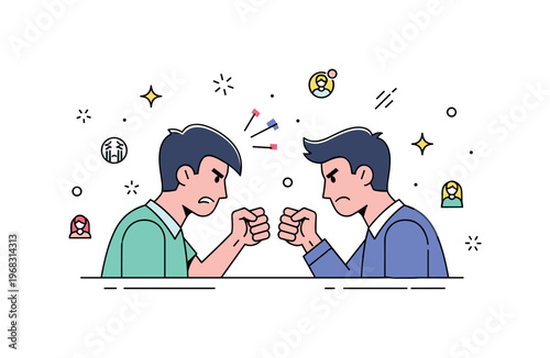 Fight between friends schoolyard scene where two friends show frustration during a minor disagreement while small sparkle and line icons emphasize emotion,