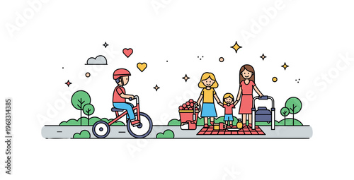 Tricycle ride family picnic path scene where a child pedals near family activities while tiny sparkle and heart icons highlight connection, fun, and shared