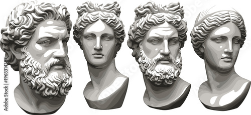 Classical Greek Sculpture Busts Set Featuring Male and Female Portraits in High-Detail 3D Style