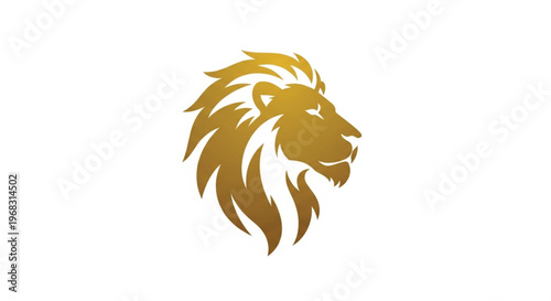 This majestic golden vector illustration features a powerful lion's head in profile against a clean white background. With a stylized, flowing mane and noble expression.