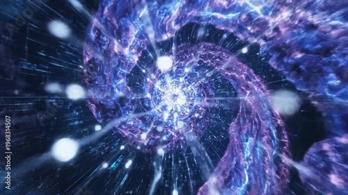 Abstract swirling vortex of cosmic energy and light, representing a journey through space and time