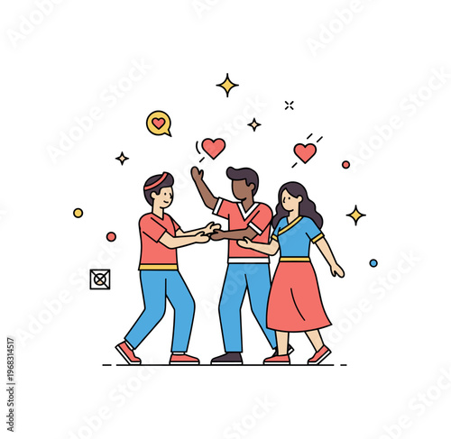 Dance festival community celebration concept where local performers dance together while small sparkle and heart icons emphasize unity, cultural exchange, and