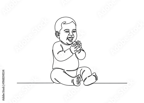 Giggling Baby. Minimalistic one-line drawing baby sitting and clapping hands while laughing, continuous single black line on white background, simple outline