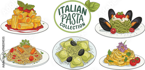 Italian pasta collection illustration featuring various dishes like spaghetti ravioli and rigatoni perfect for menu design and culinary branding