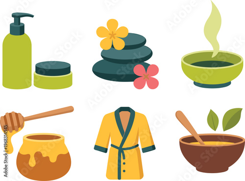 Spa wellness illustration set with natural elements like stones honey herbal bowls and skincare products promoting relaxation and holistic self care