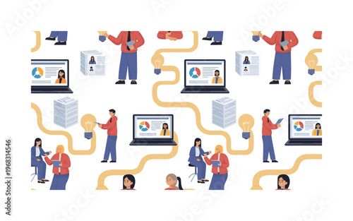 career guidance seamless pattern, repeating pattern, surface design, textile print, modern illustration of advisors discussing with students, laptops, charts,