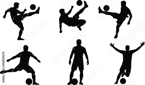 Set of black silhouettes of male soccer players in various action poses including kicking, jumping, dribbling, and celebrating for sports competition and athletic design.