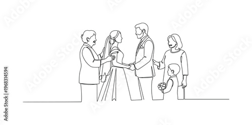 Ceremonial Event. Minimalistic one-line drawing family members interacting during wedding ceremony, continuous single black line on white background, simple