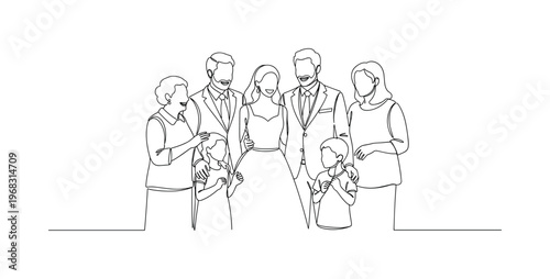 Event Celebration. Minimalistic one-line drawing family members standing together, smiling, and interacting during wedding, continuous single black line on